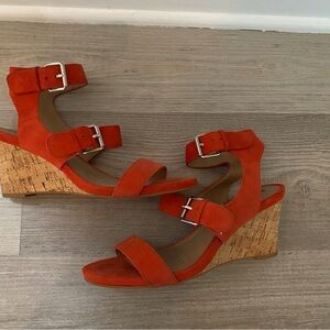 Tahari Orange Sude Cork Wedge Sandals